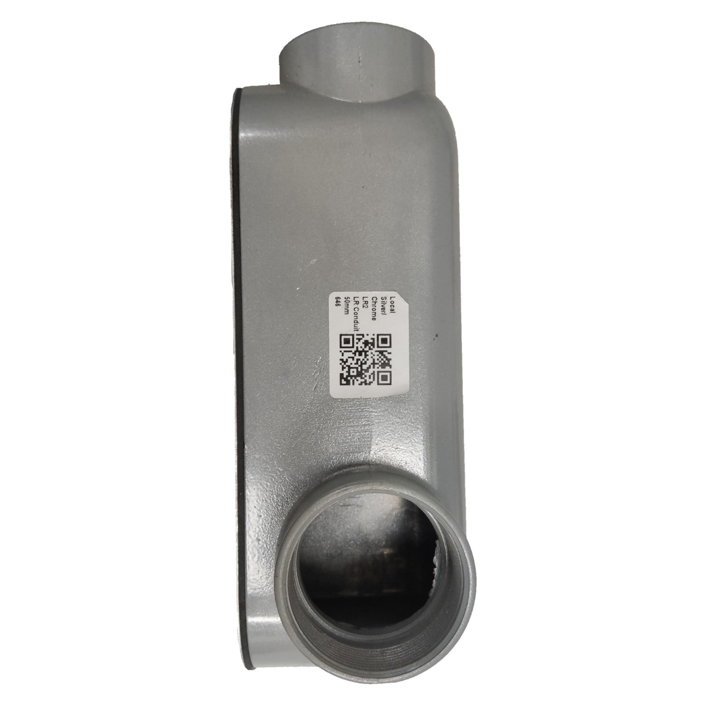 Metal pipe fitting with a QR code label on a white background