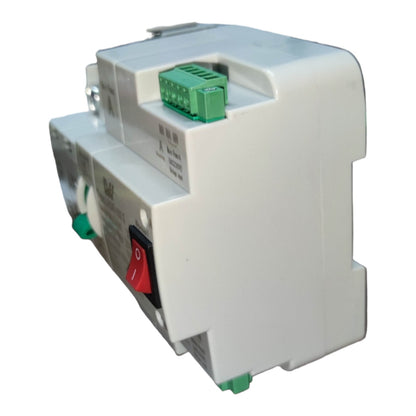 Electrical control panel with green connectors and red switch on a white background
