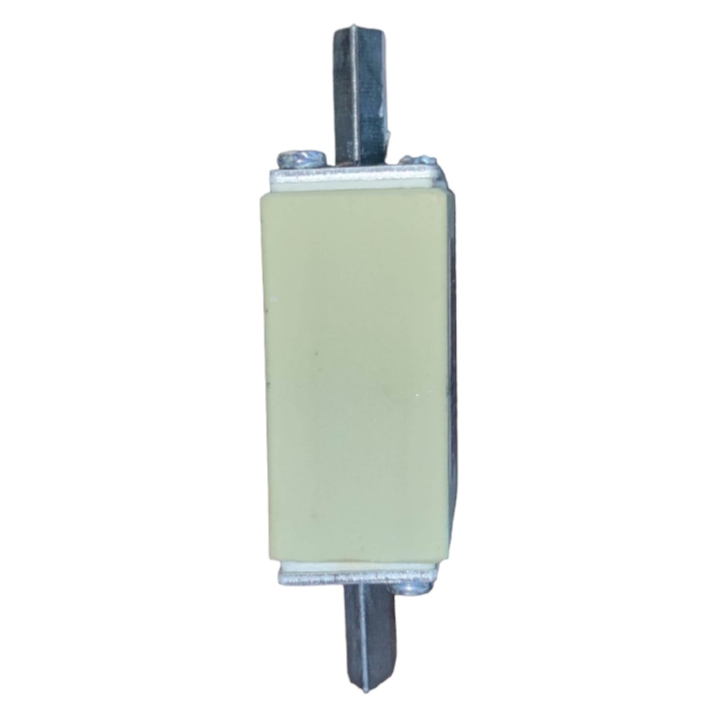Rectangular ceramic component with metal pins on a white background