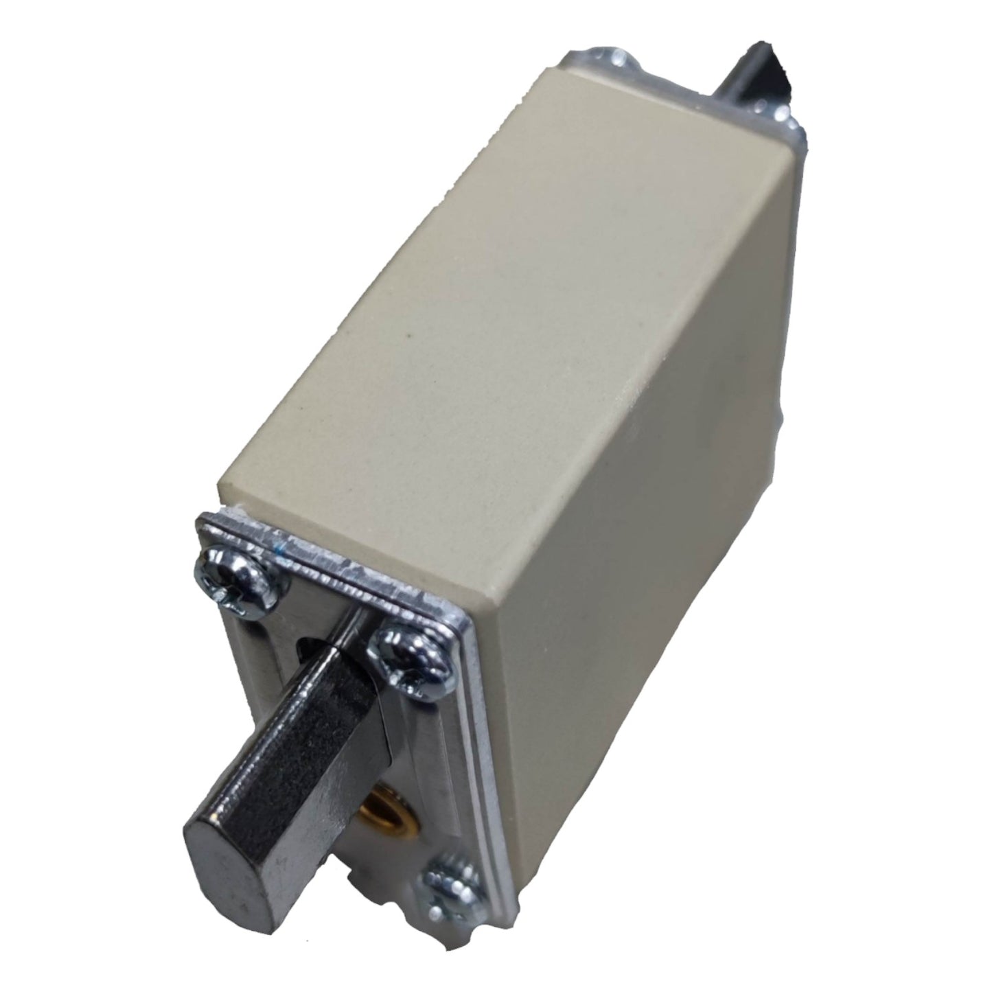 Beige metal box with a lever on a white background