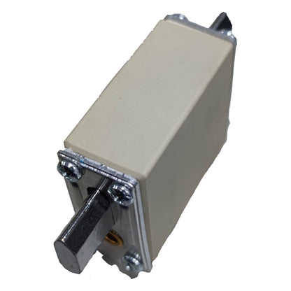 Beige metal box with a lever on a white background