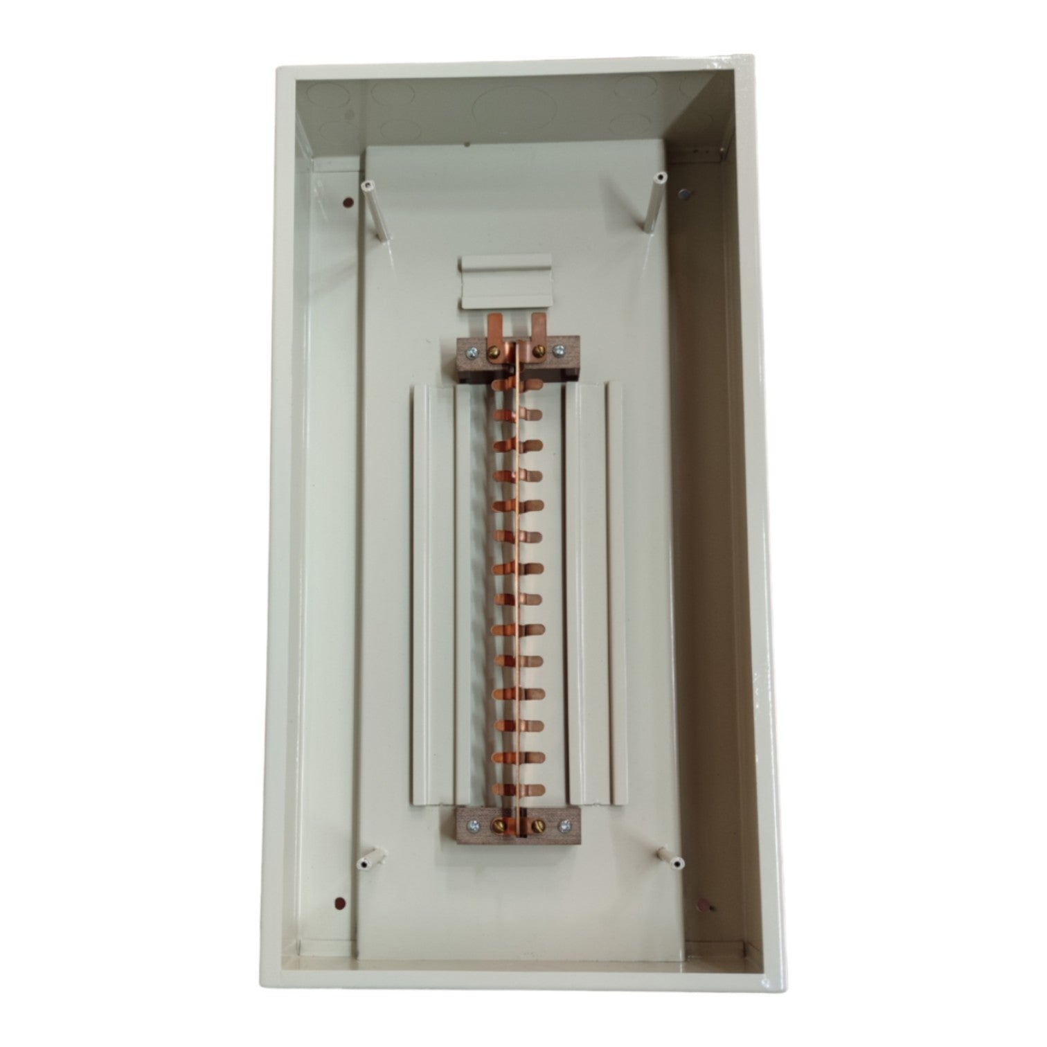 Electrical panel with copper busbars inside a white box on a white  Local 14 Branches Panel Board 2 Pole Main 2 Pole Branches For Miniature Circuit Breaker Surface Type Metal Base Electx Electrical Supplybackground