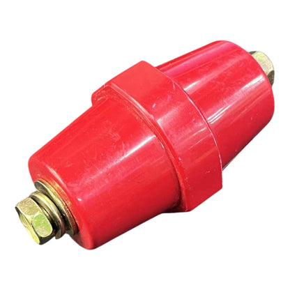 Red mechanical component with brass fittings on a white background