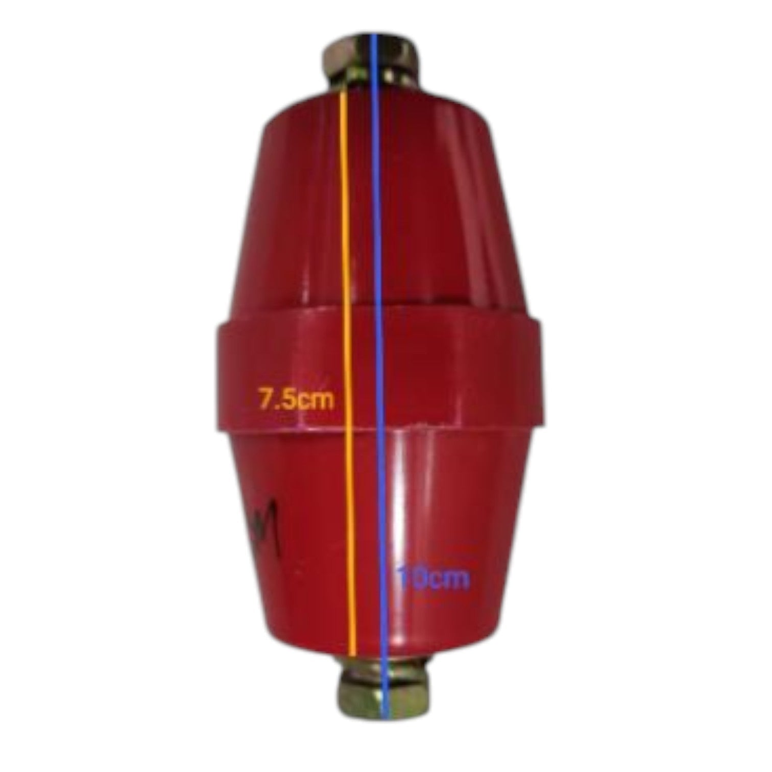 Red cylindrical object with measurements on a white background