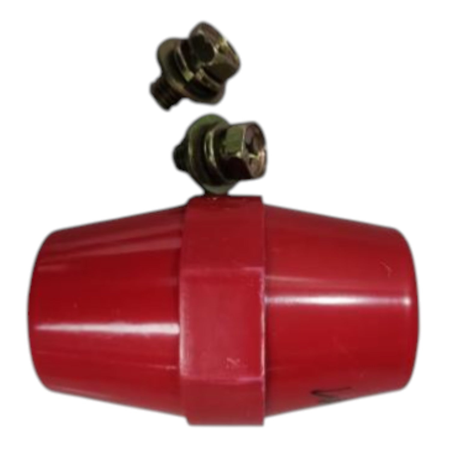 Red cylindrical object with two brass bolts on a white background