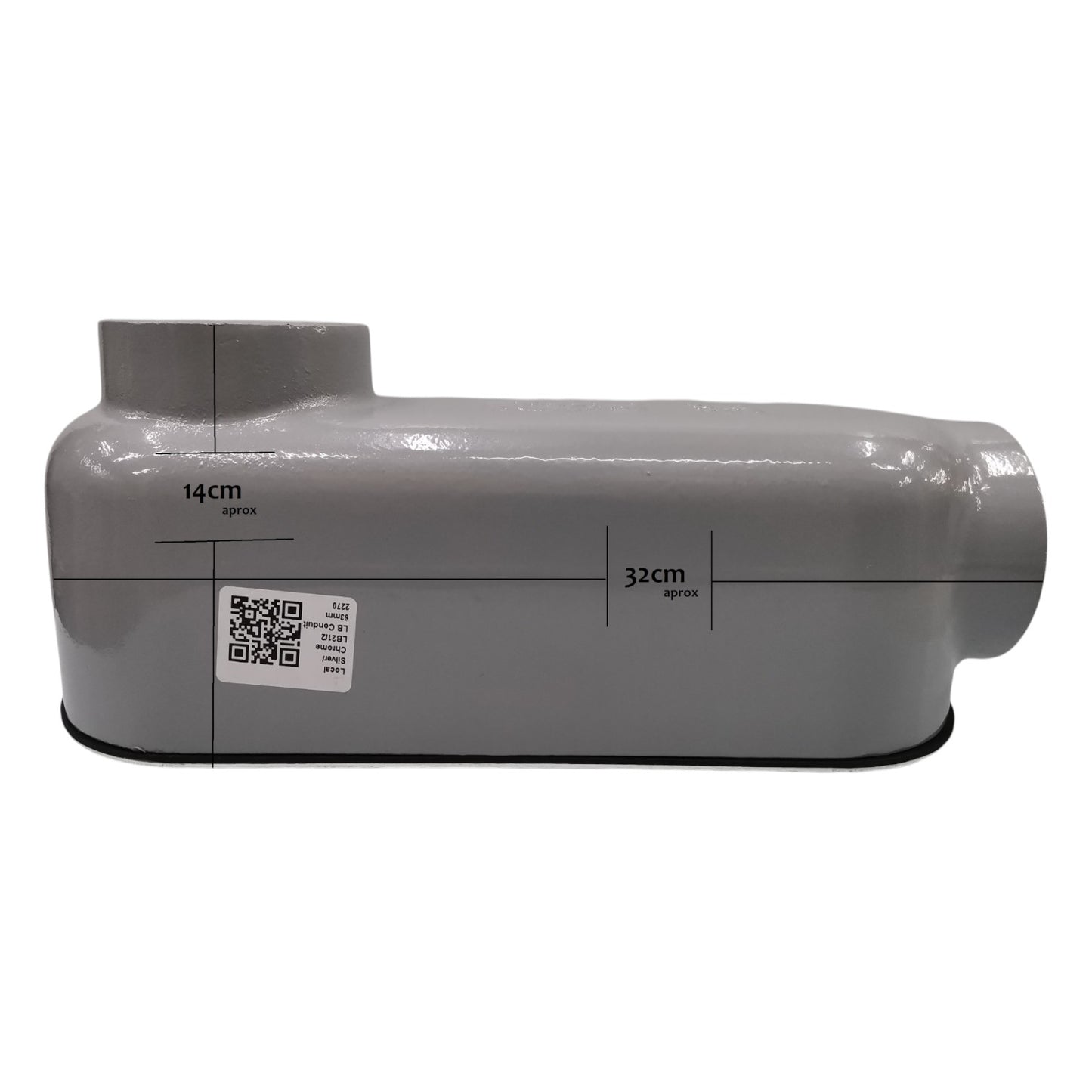 Gray cylindrical object with measurements and a QR code on a white background
