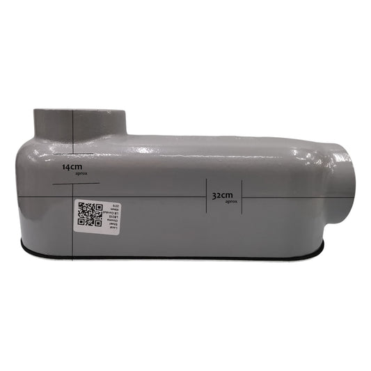 Gray cylindrical object with measurements and a QR code on a white background