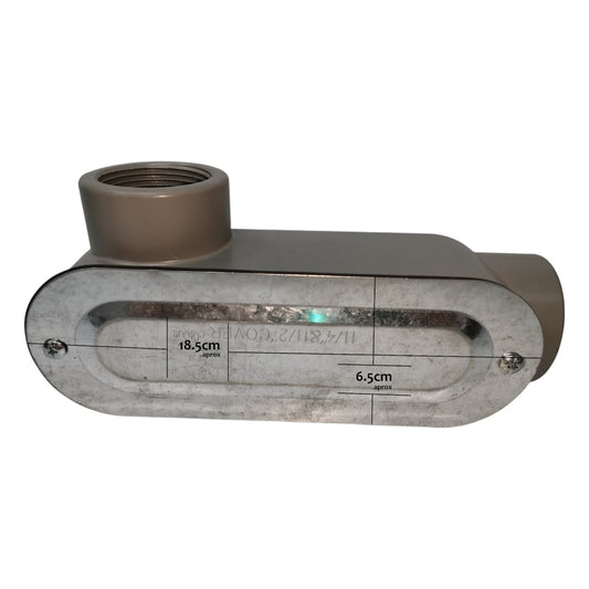 Metal pipe fitting with dimensions on a white background