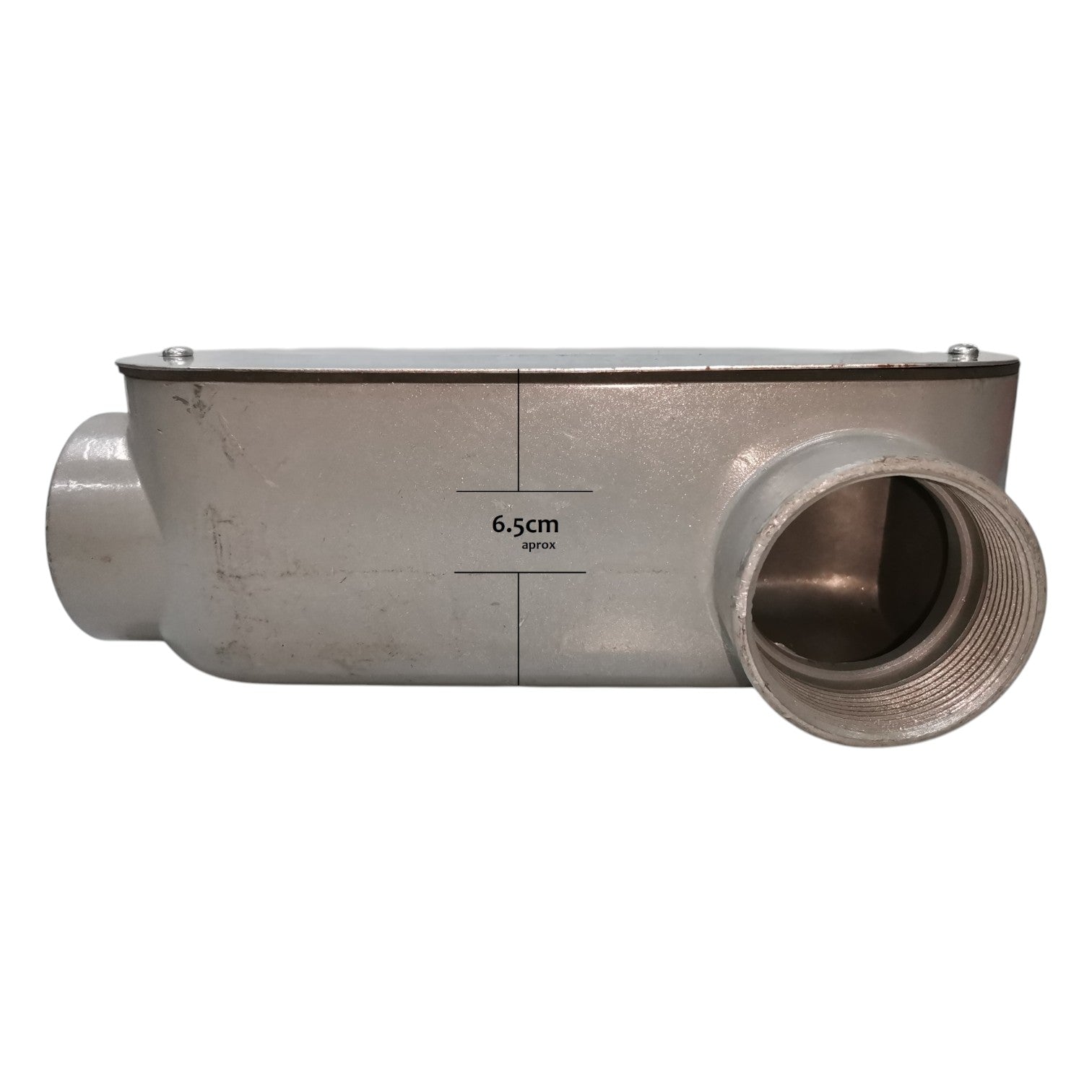 Metal pipe fitting with dimensions on a white background