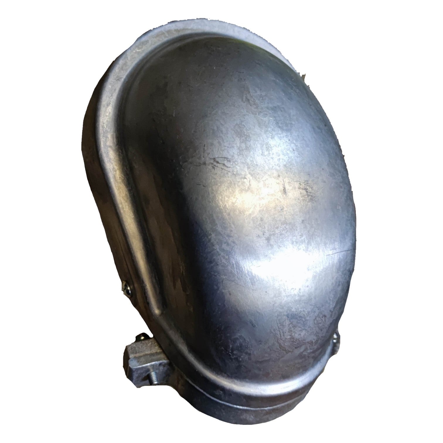 Metallic elbow pipe fitting on a white background