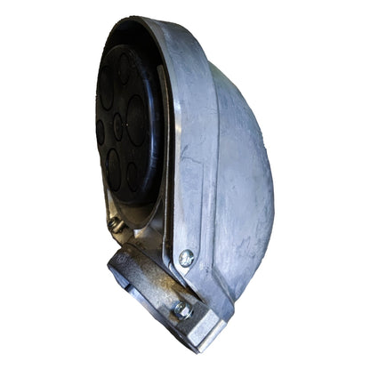 Metallic exhaust or air duct component on a white background