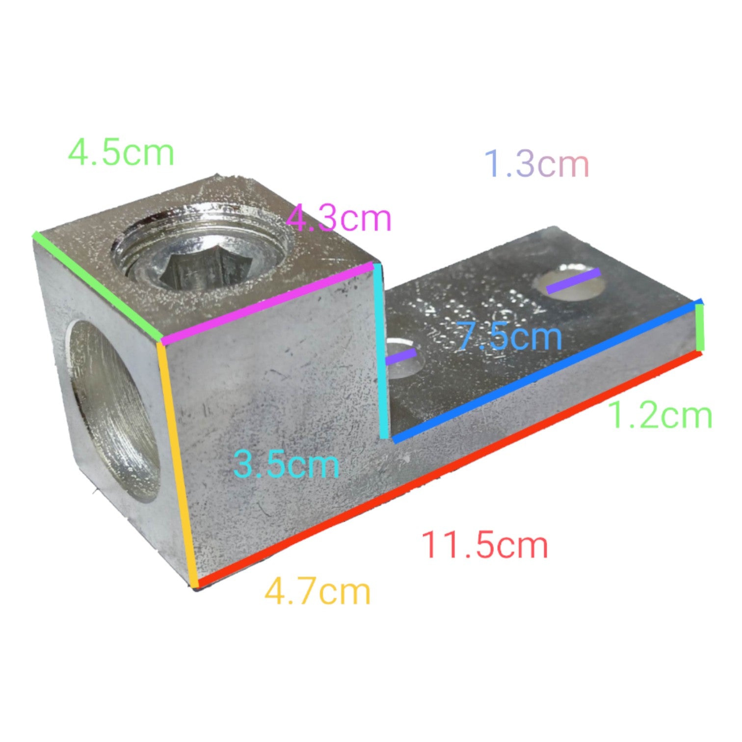 Metal component with dimensions labeled on a white background