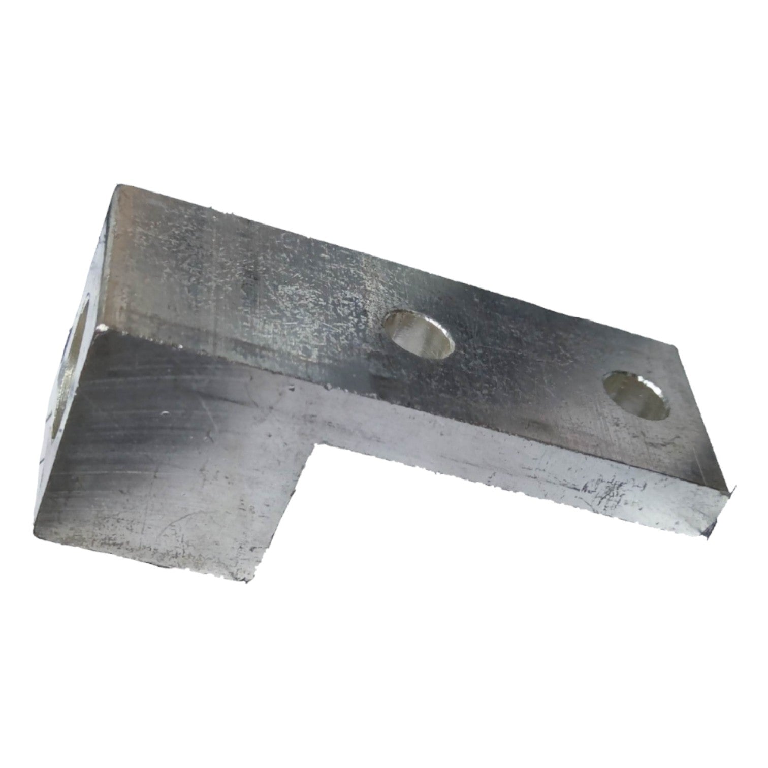 Metal bracket with two holes on a white background