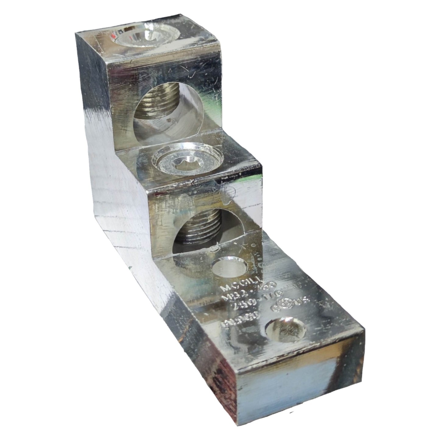 Metal component with threaded holes on a white background