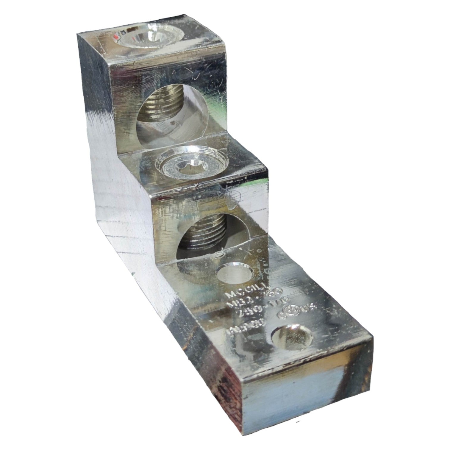 Metal component with threaded holes on a white background