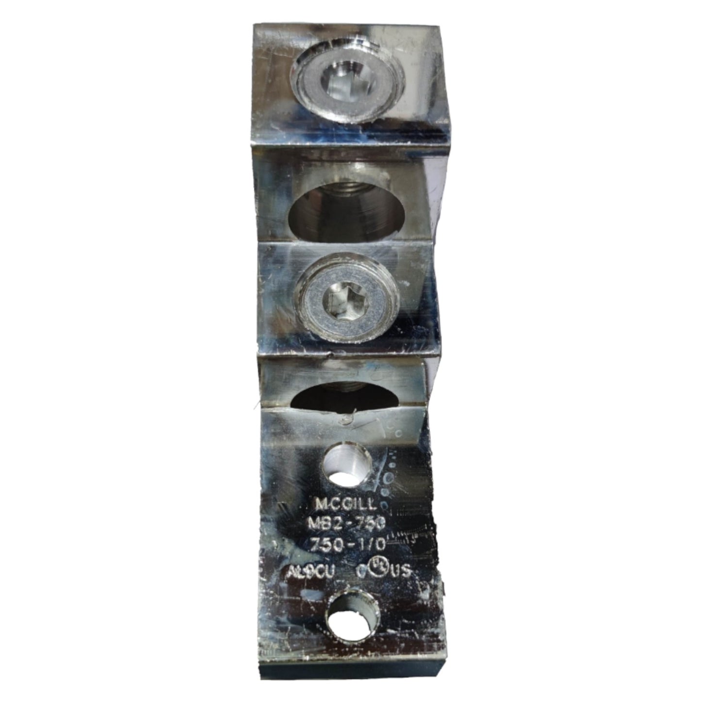 Metallic component with threaded holes on a white background