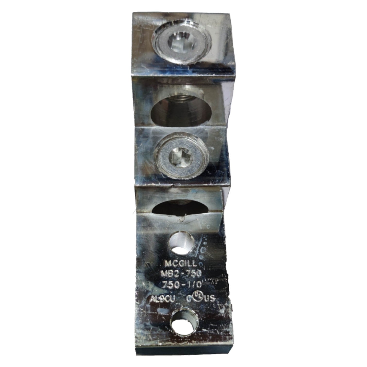 Metallic component with threaded holes on a white background