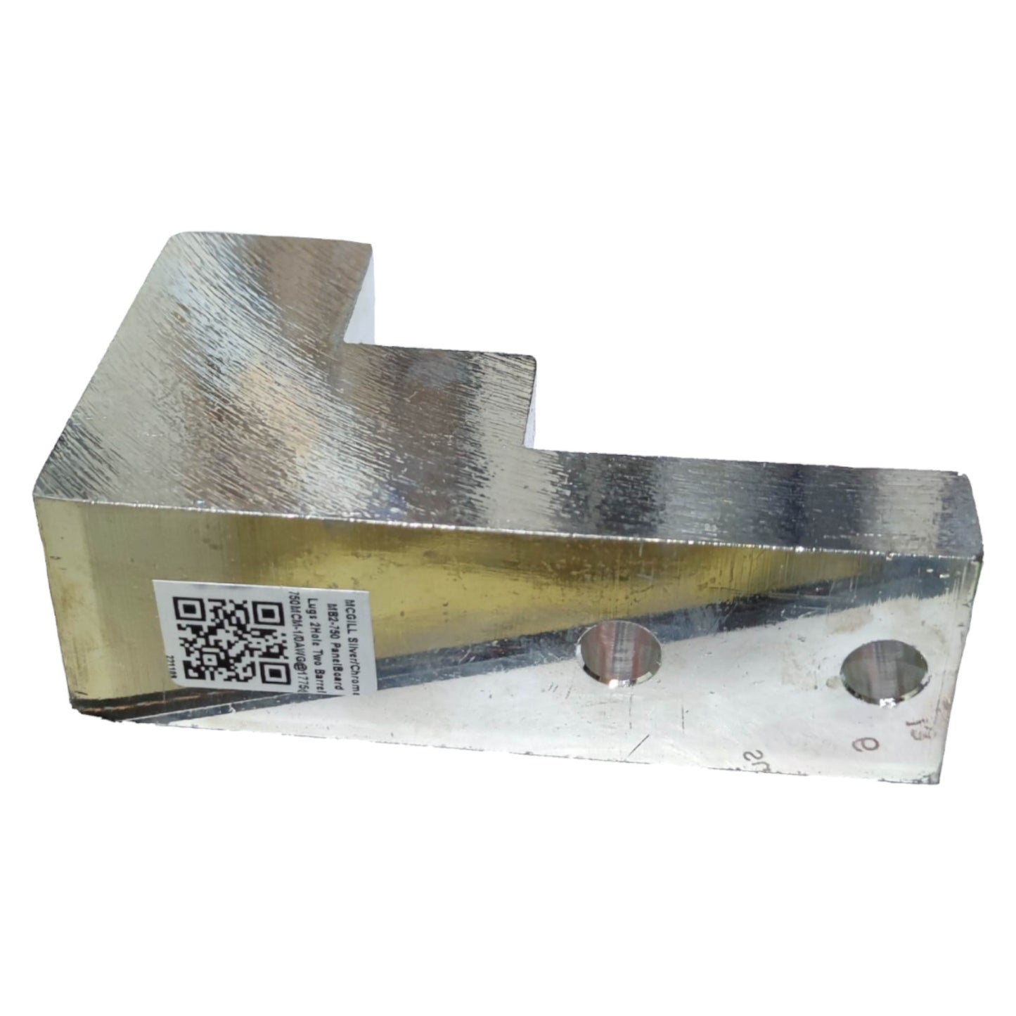 Metal bracket with a QR code label on a white background