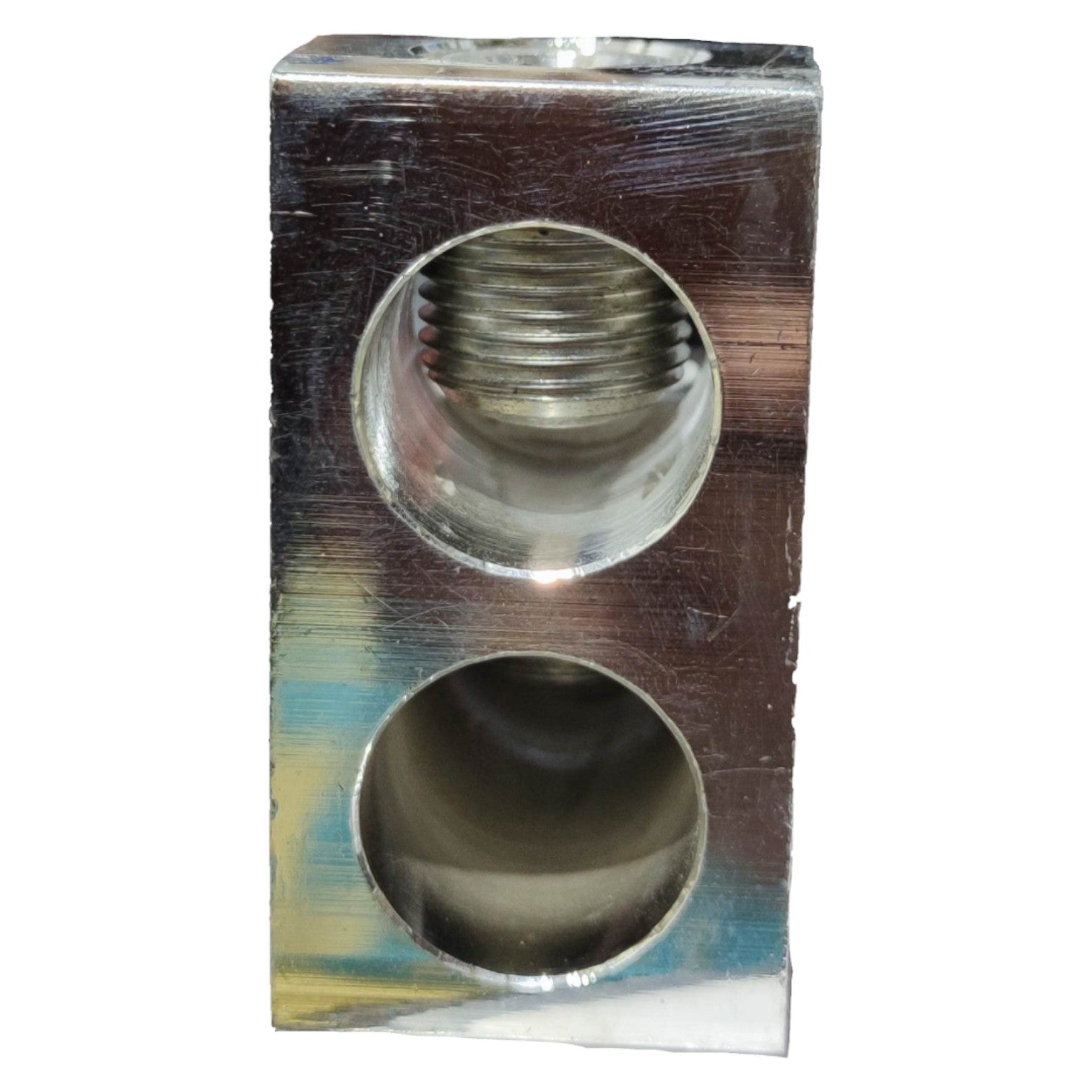 Metal fitting with threaded and smooth cylindrical holes on a white background