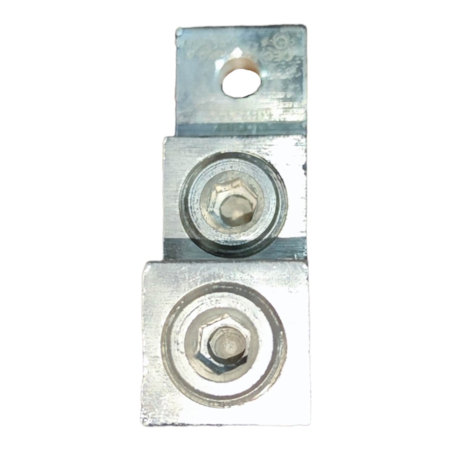 Metal electrical connector with two bolts on a white background