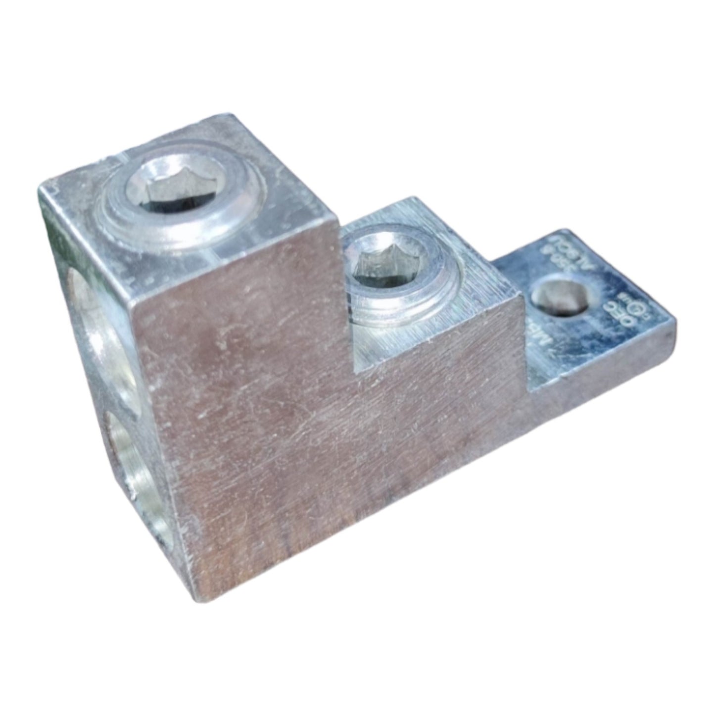 Metal bracket with multiple holes on a white background
