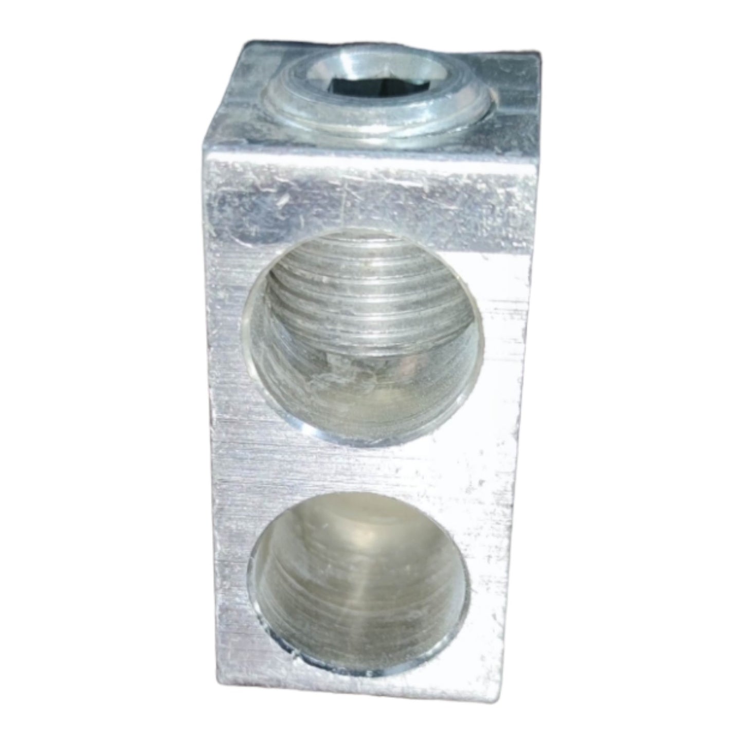Metal block with threaded holes on a white background