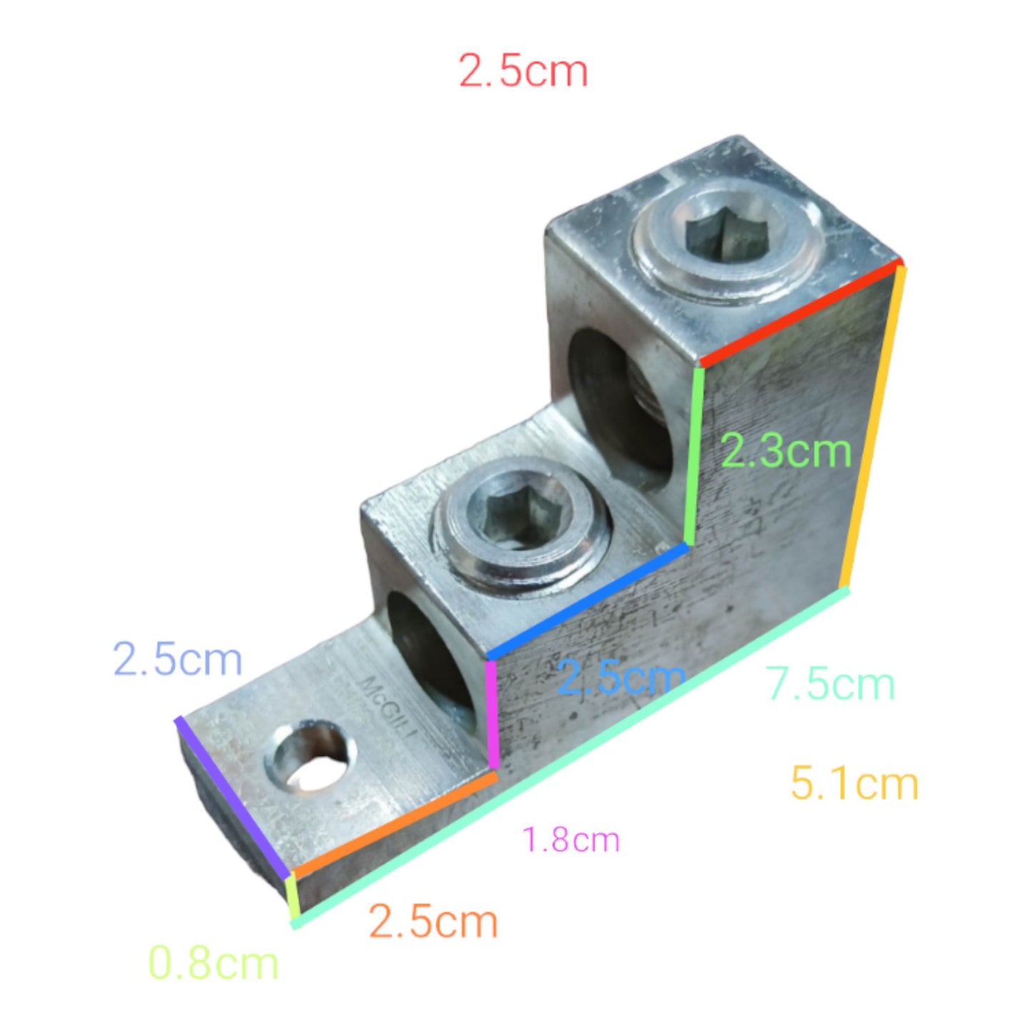 Metal bracket with dimensions labeled on a white background
