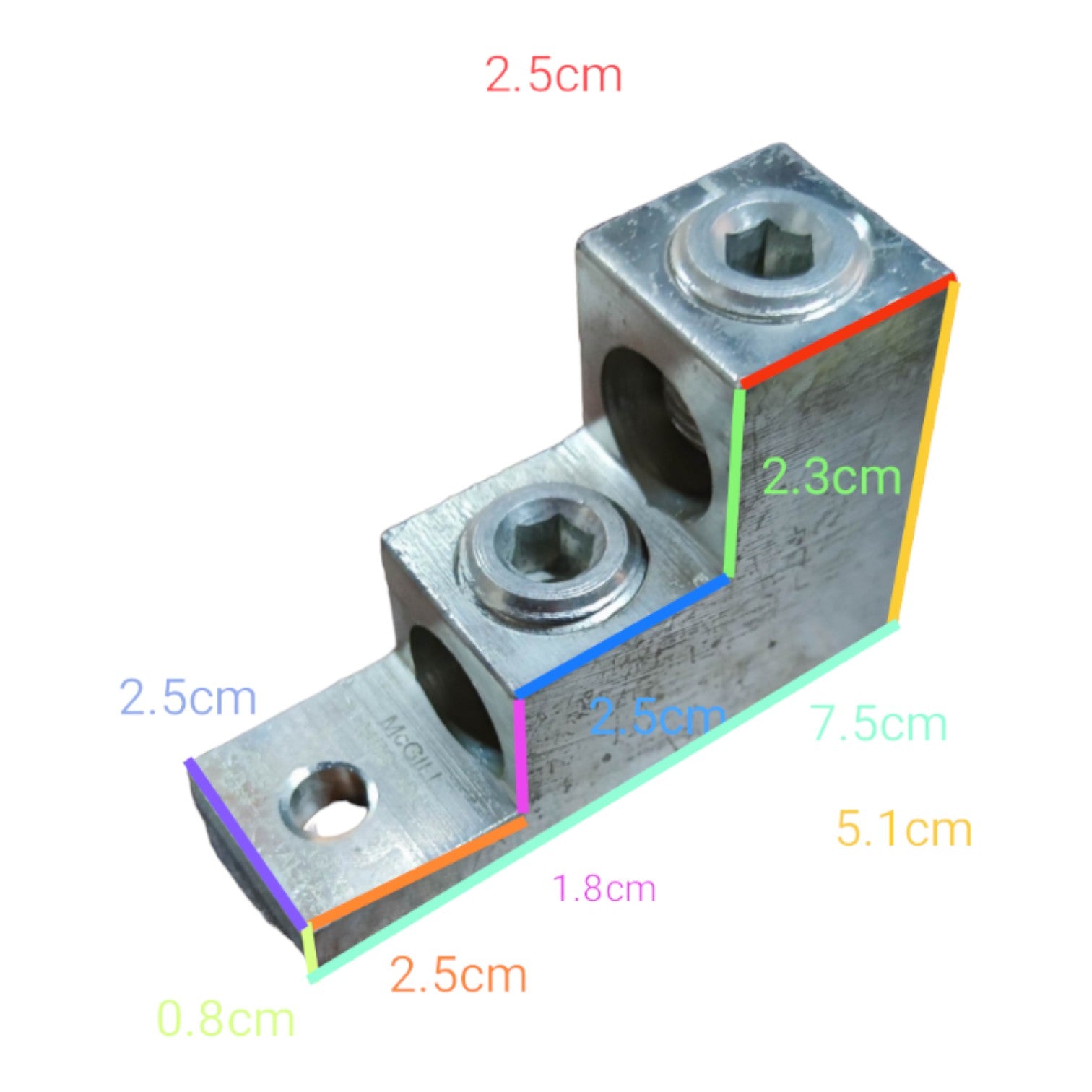 Metal bracket with dimensions labeled on a white background