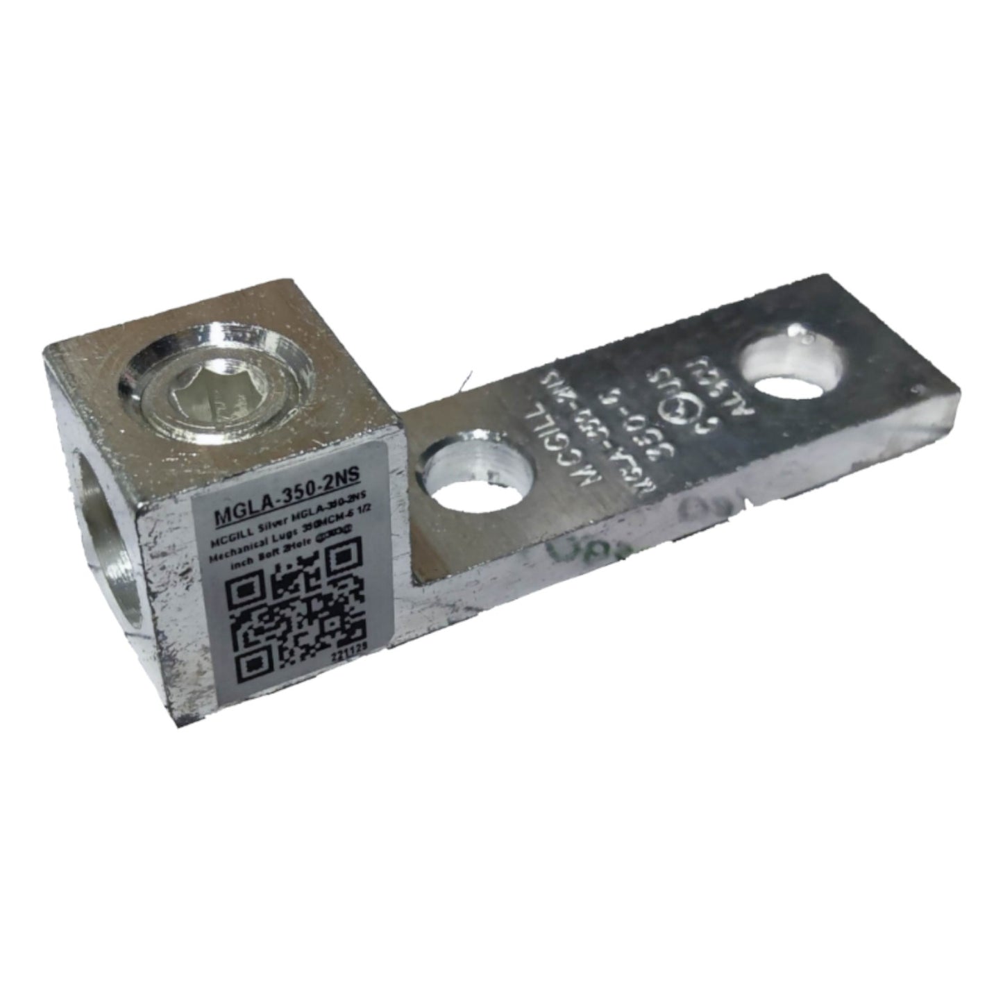 Metal component with a QR code label on a white background