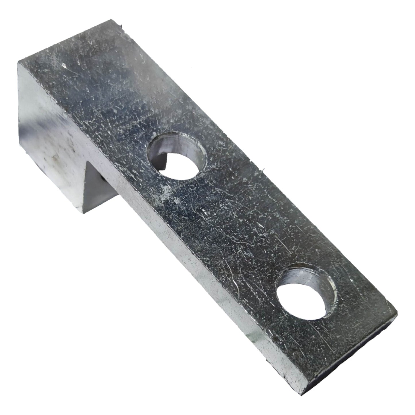 Metal bracket with two holes on a white background