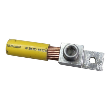 Electrical connector with yellow insulation and metal plate on a white background