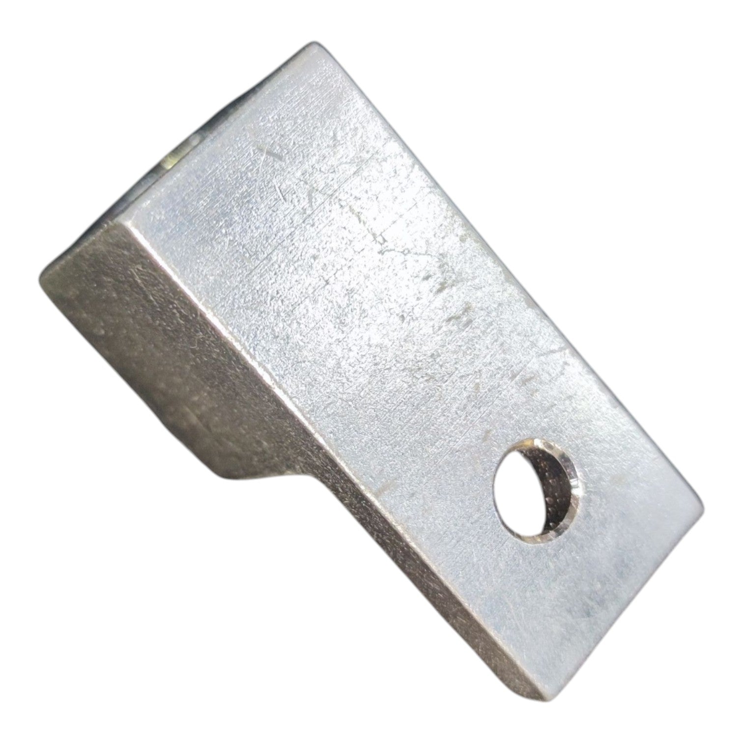 Metal bracket with a hole on a white background
