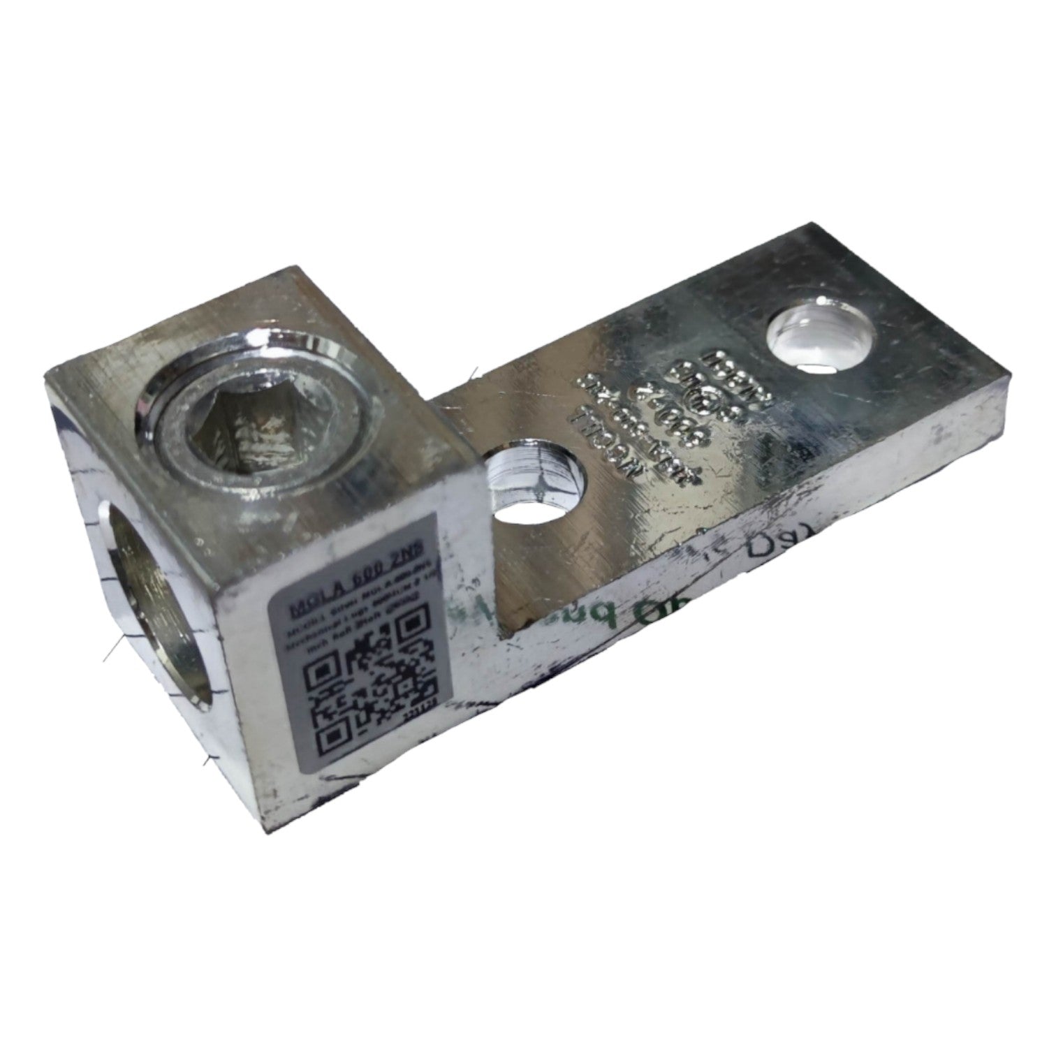 Metal component with threaded holes and a QR code label on a white background
