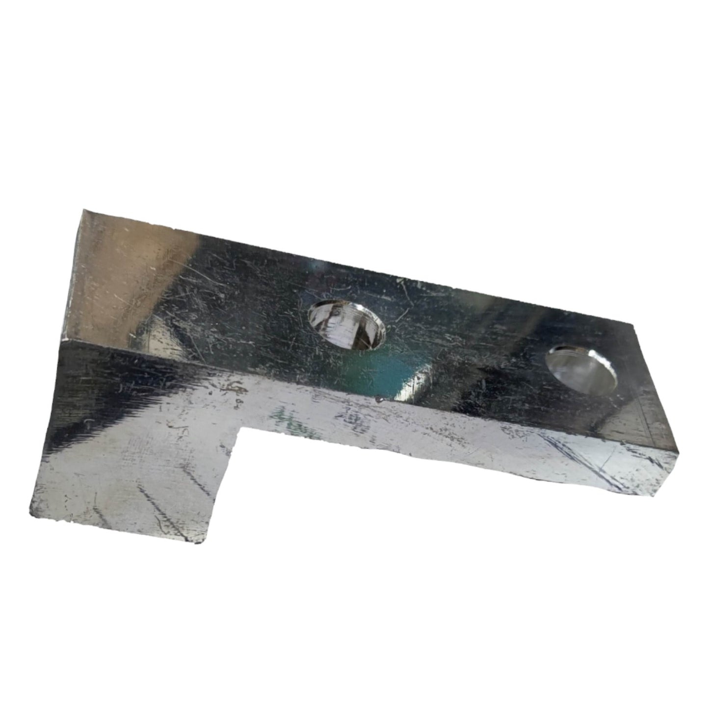 Metal bracket with two holes on a white background