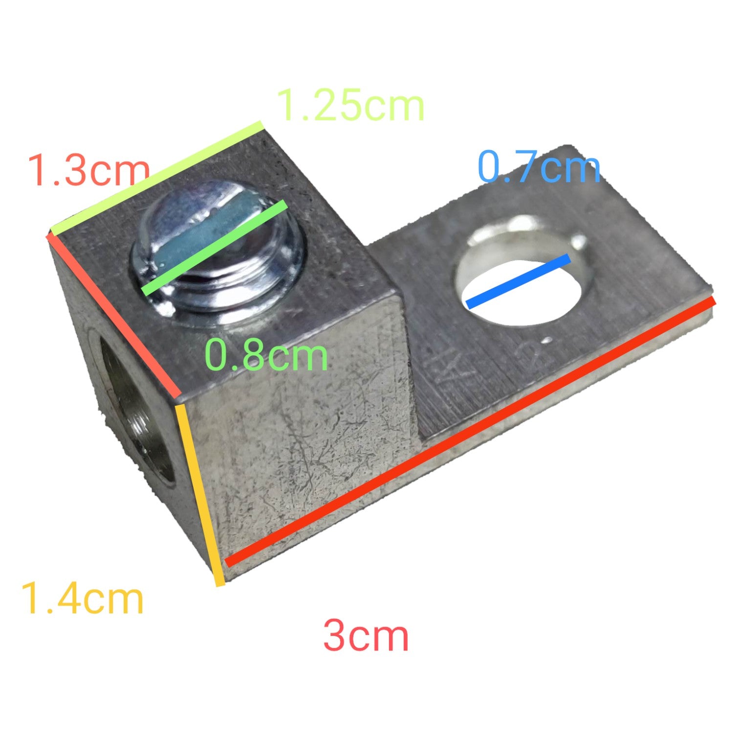 Metal component with dimensions labeled on a white background