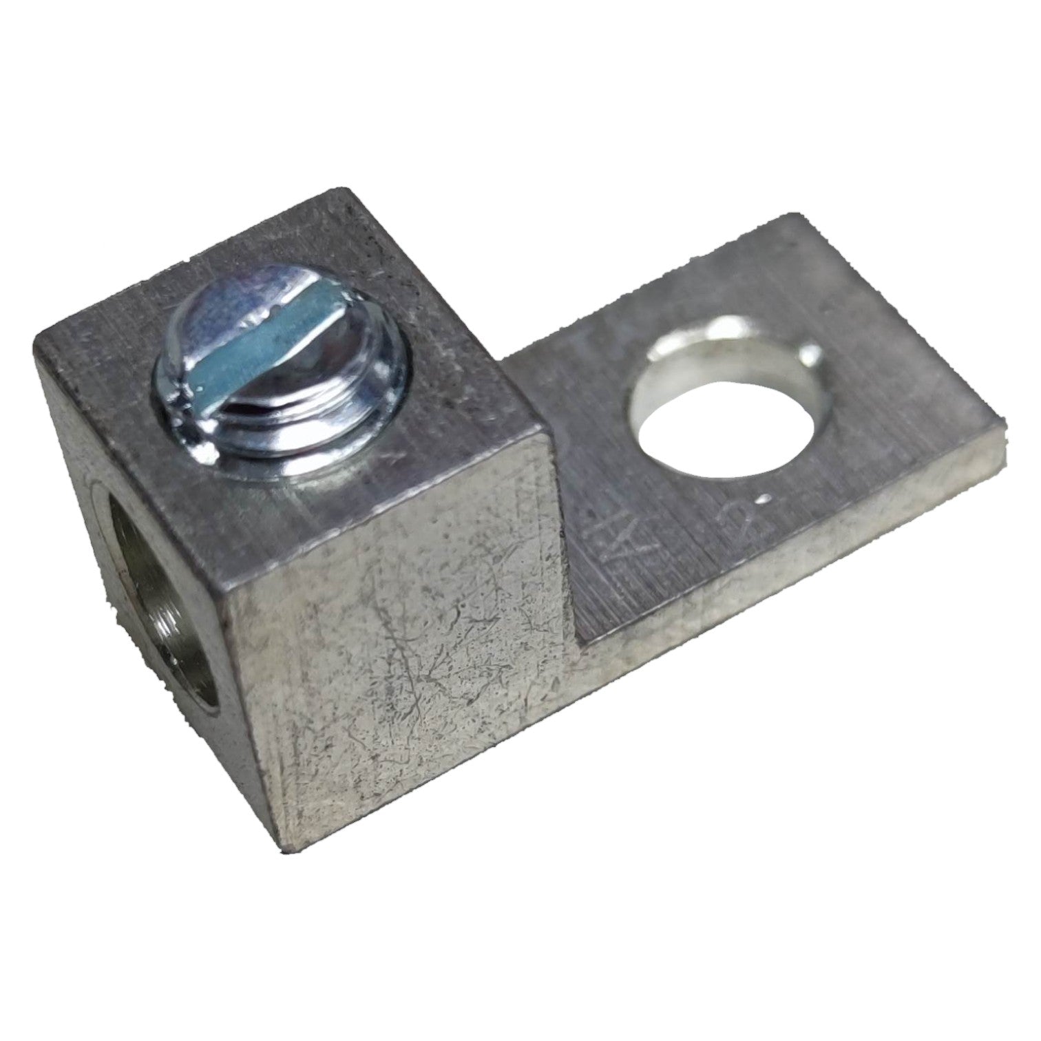 Metal bracket with a cylindrical component on a white background