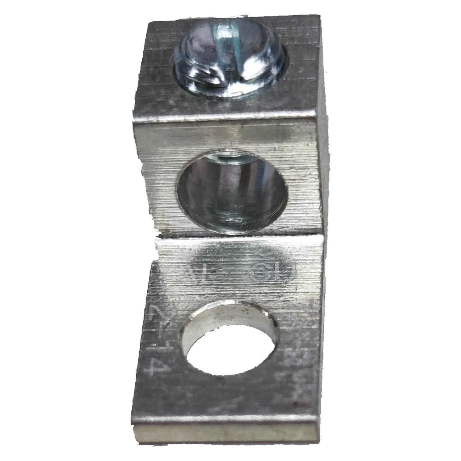 Metal electrical connector with threaded posts on a white background