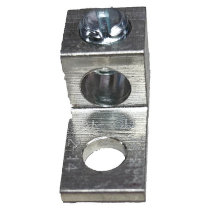 Metal electrical connector with threaded posts on a white background