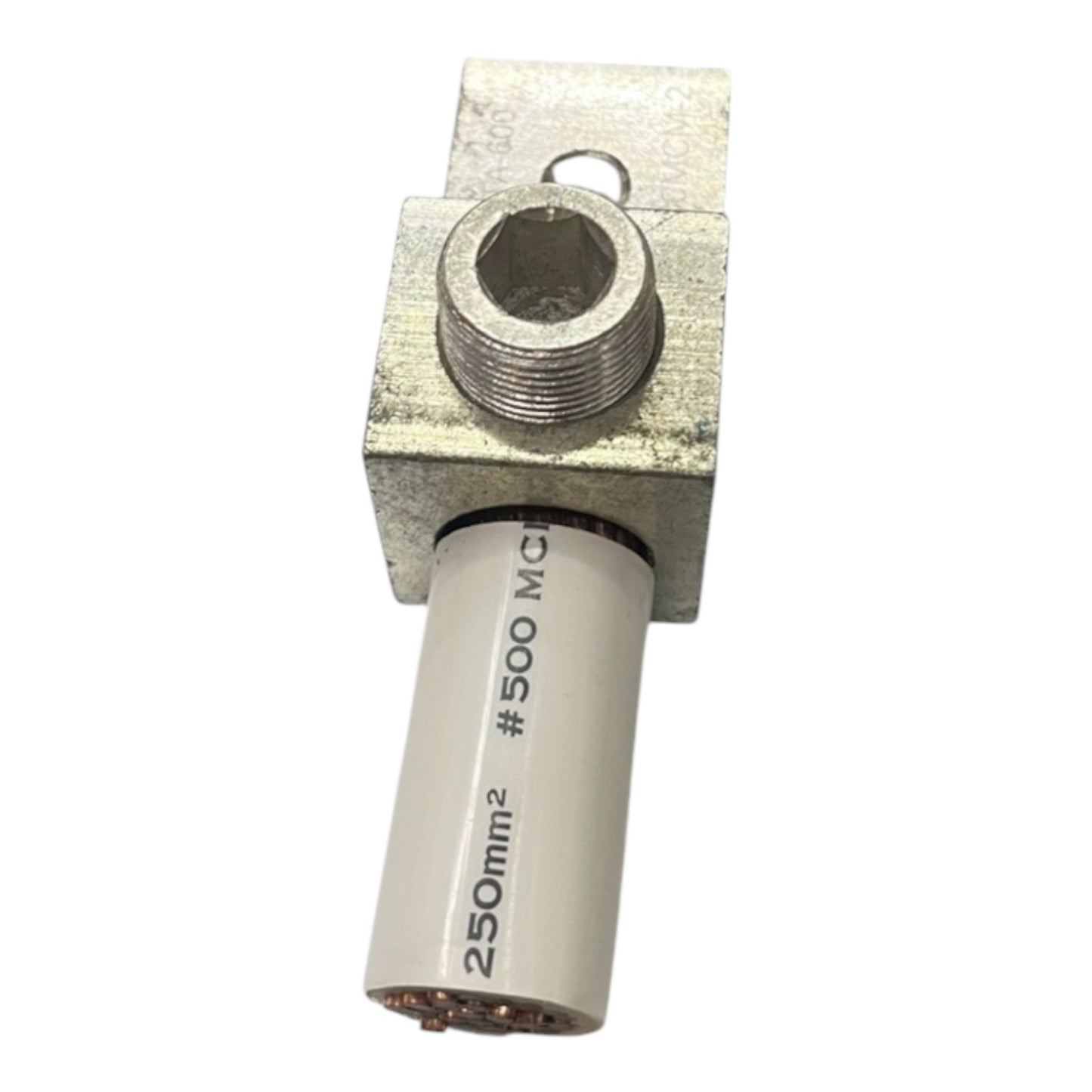 Metal fitting with threaded end and cylindrical component on a white background