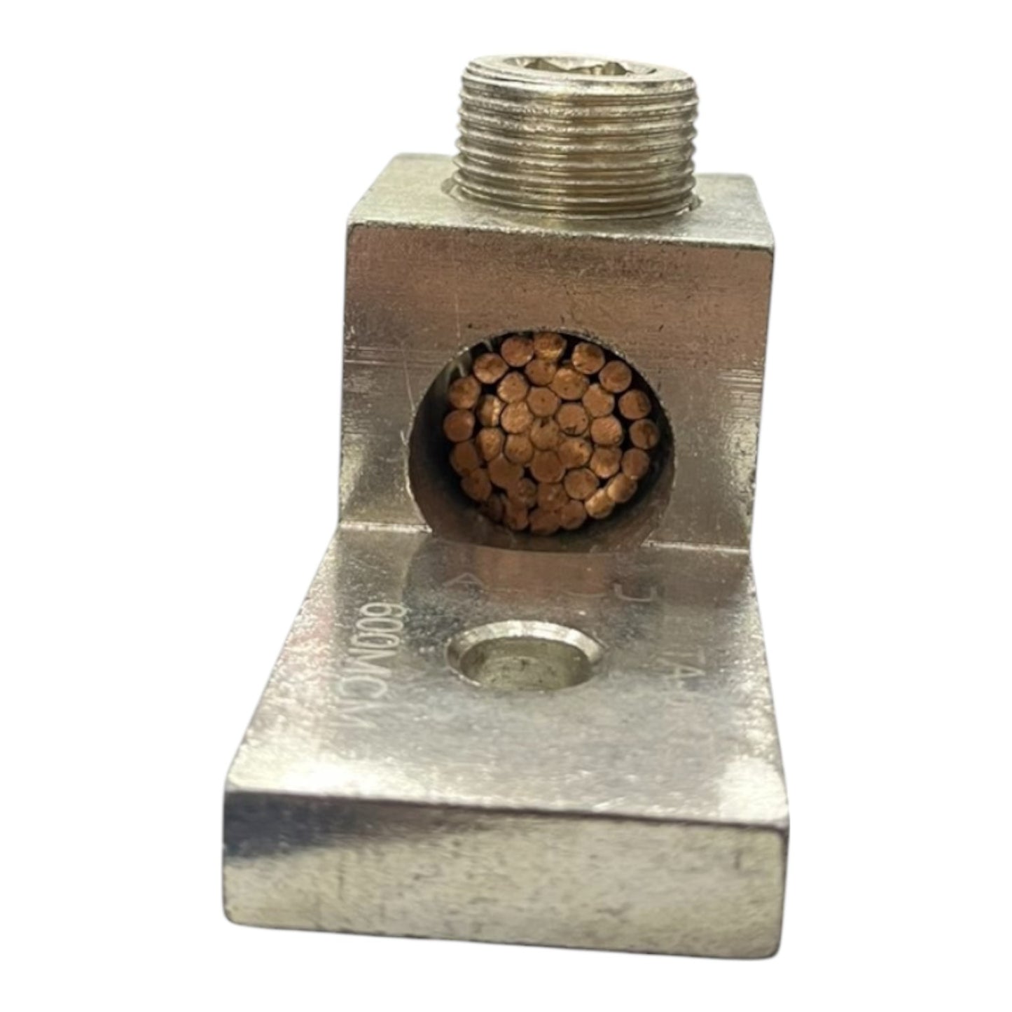 Metal fitting with threaded end and cylindrical component on a white background