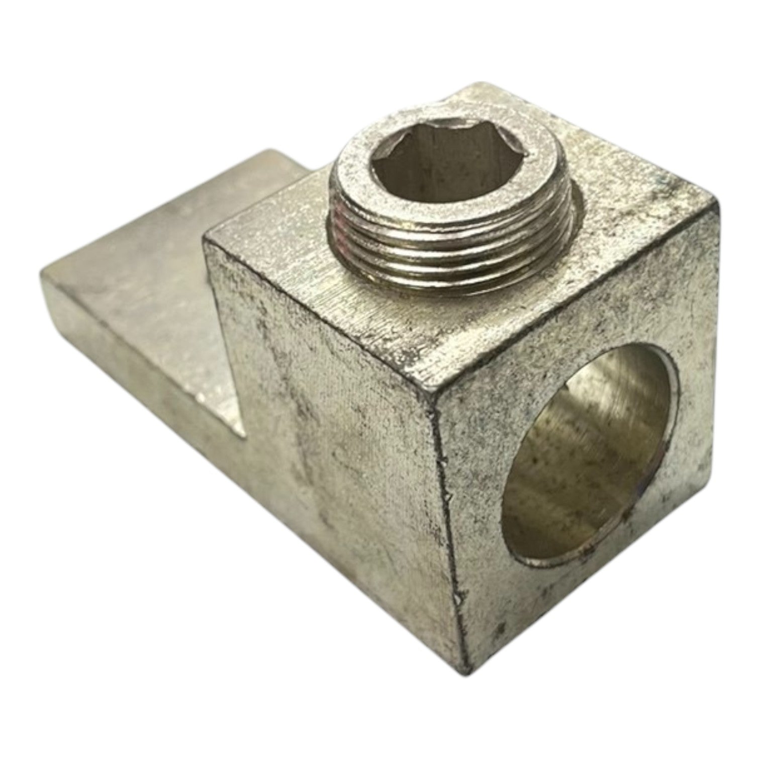 Metal fitting with threaded hole on a white background