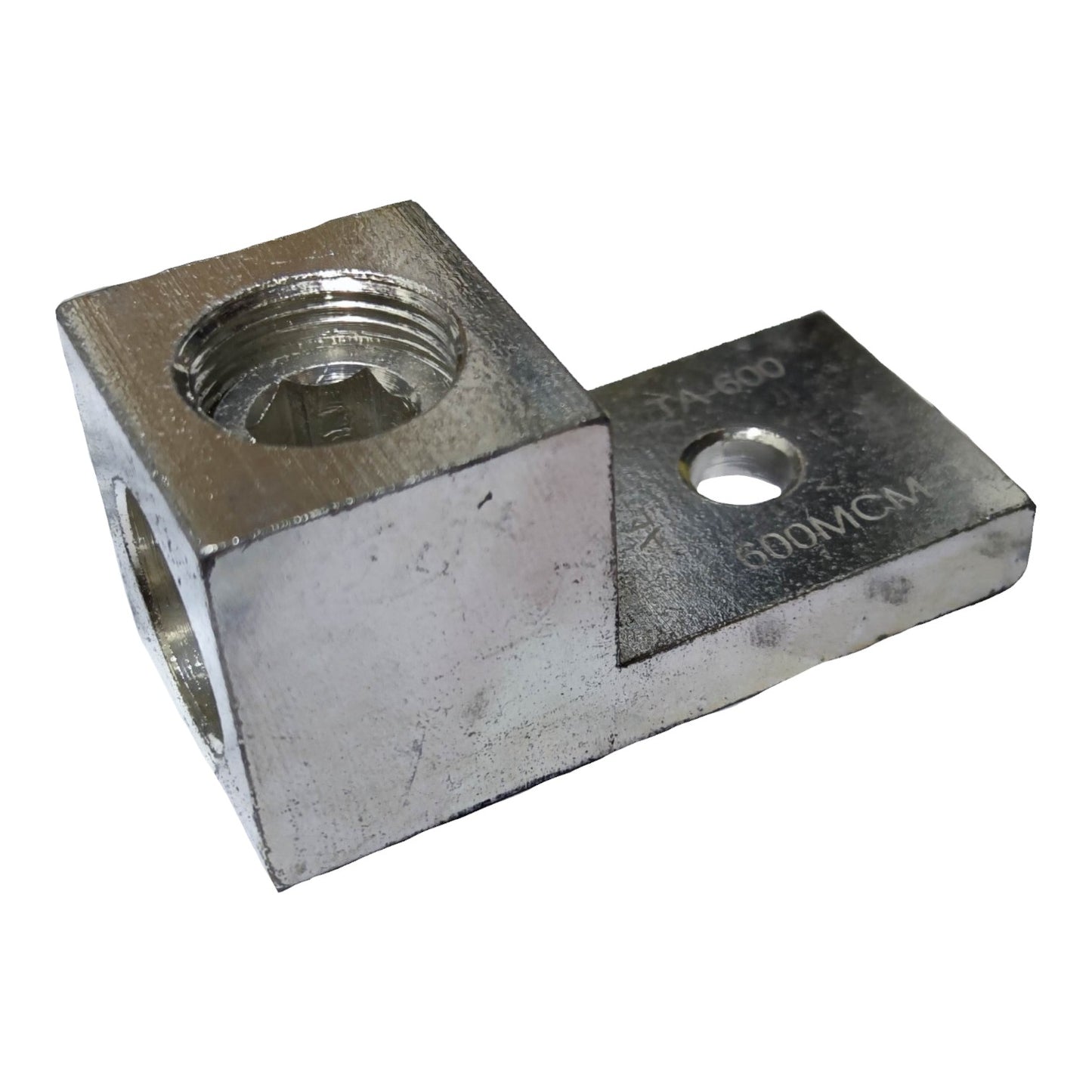 Metal bracket with threaded hole on a white background