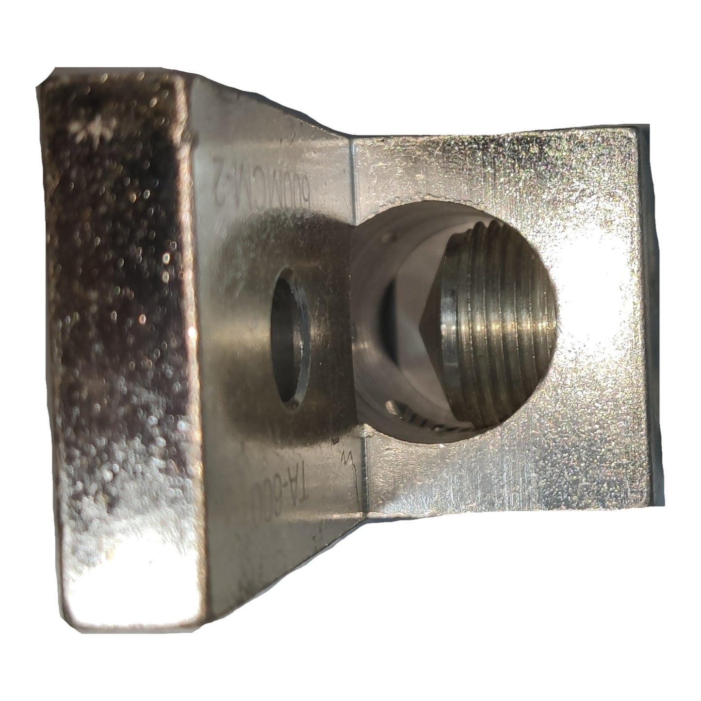 Metal bracket with threaded hole on a white background
