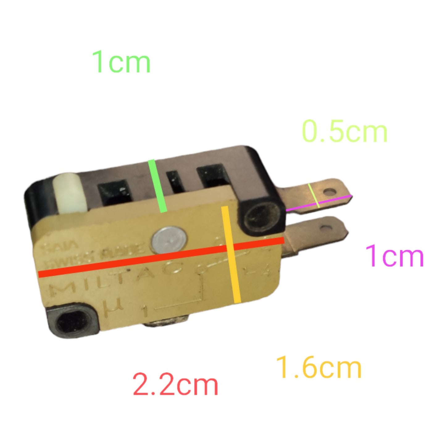 Mechanical switch component with labeled dimensions on a white background