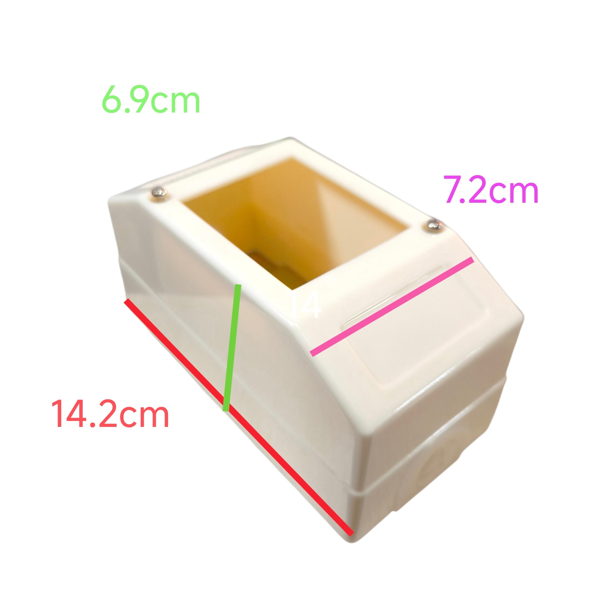 Rectangular plastic component with dimensions labeled on a white background