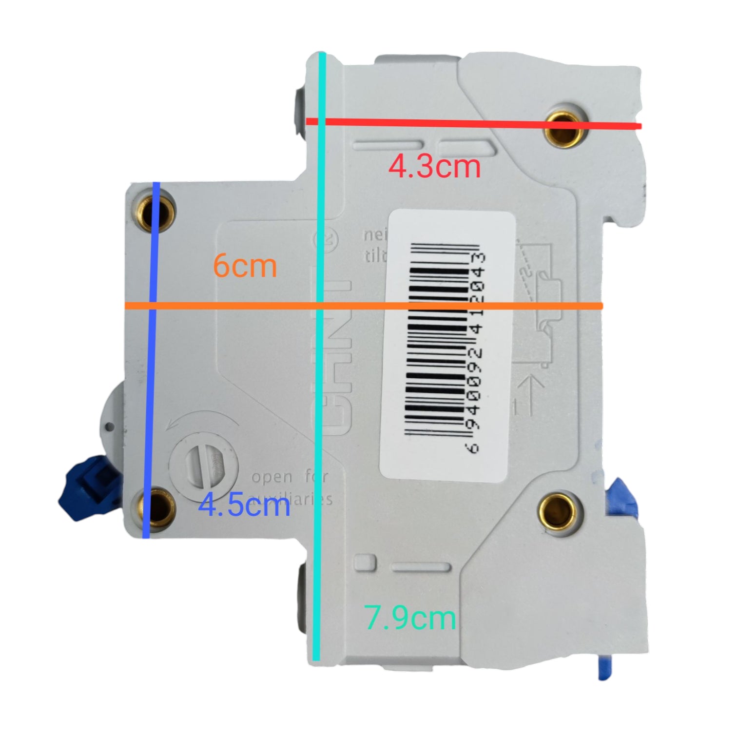 Gray electronic component with measurement markings on a white background