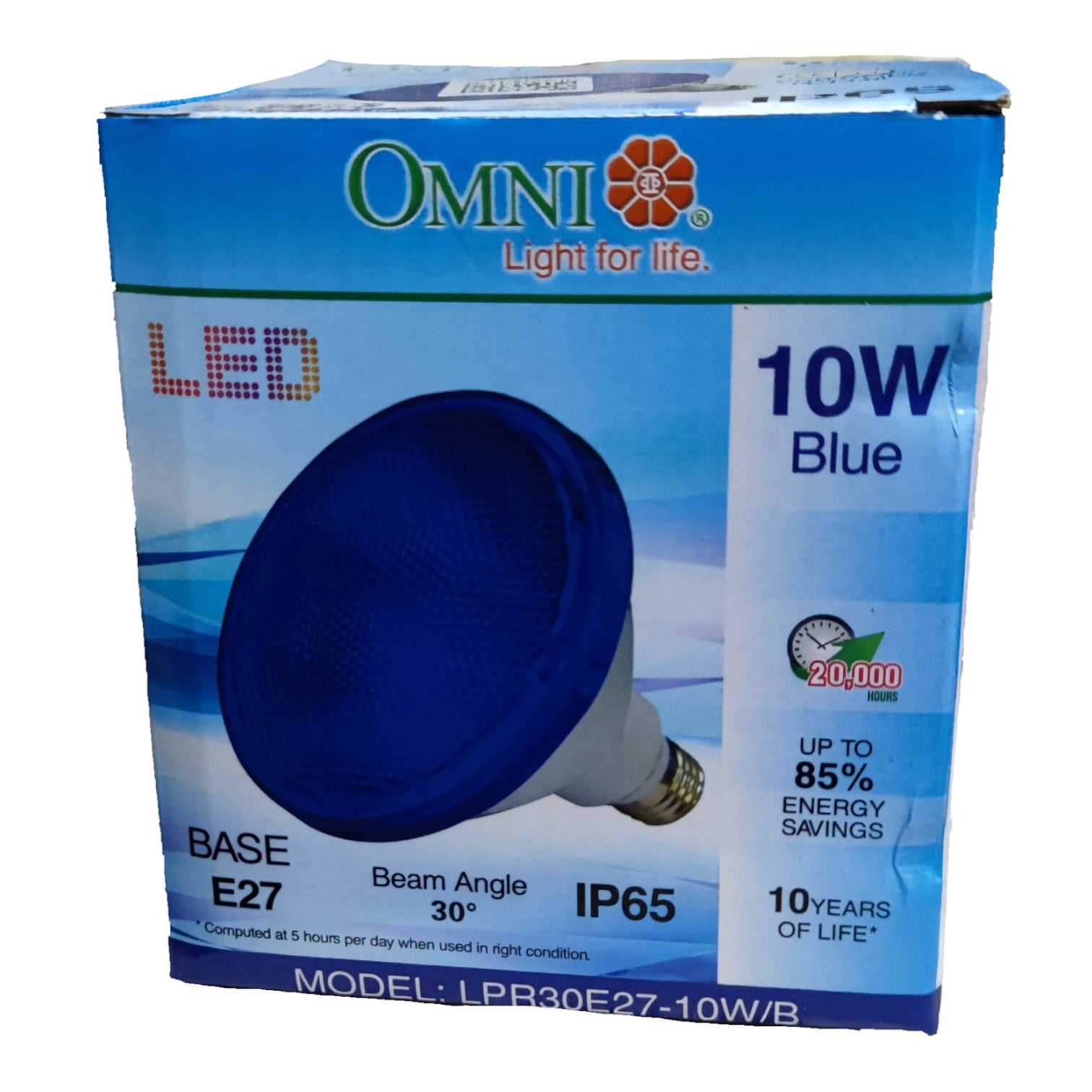 Box of Omni LED blue light bulb on a white background