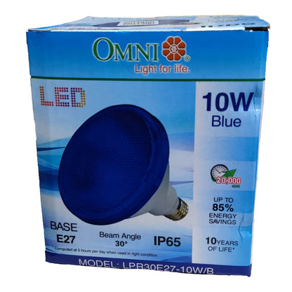 Box of Omni LED blue light bulb on a white background