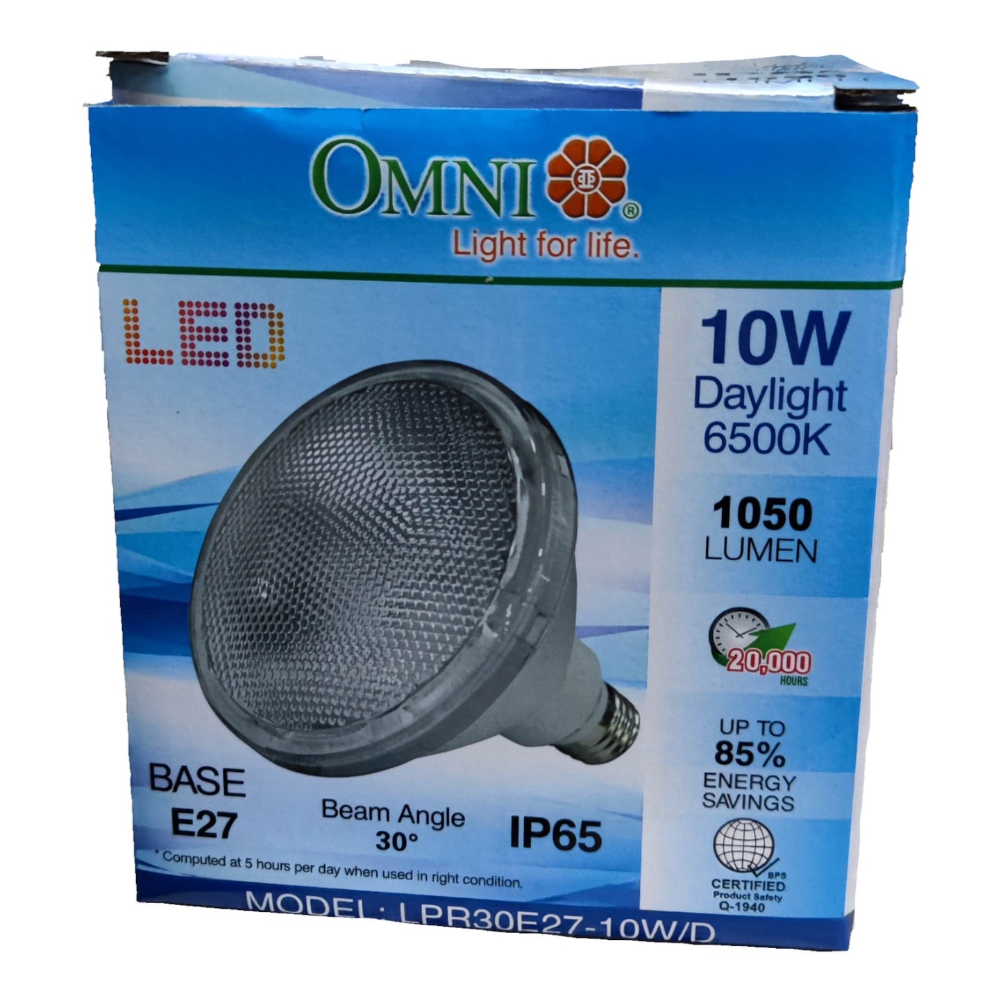 Omni LED light bulb packaging with product details on a white background
