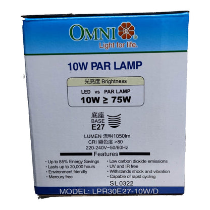 OMNI 10W PAR LAMP packaging with specifications on a white background